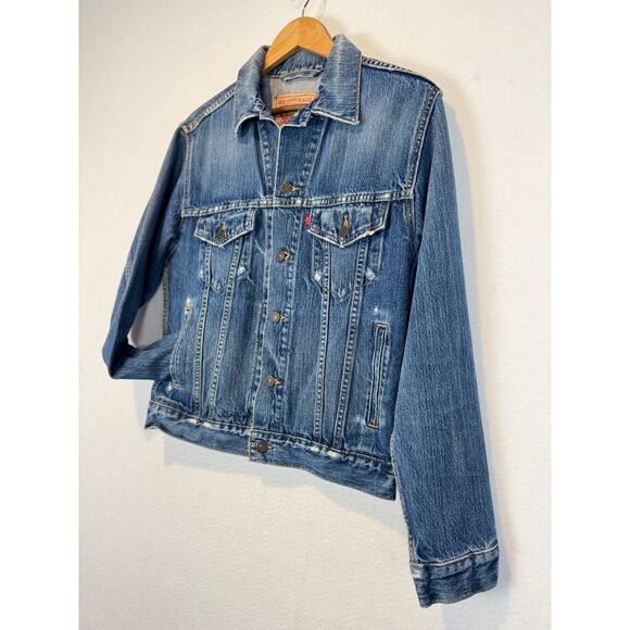 Levi's Standard Trucker Jacket Men Small Blue Denim Jean Collared Logo 70507 - Picture 2 of 13